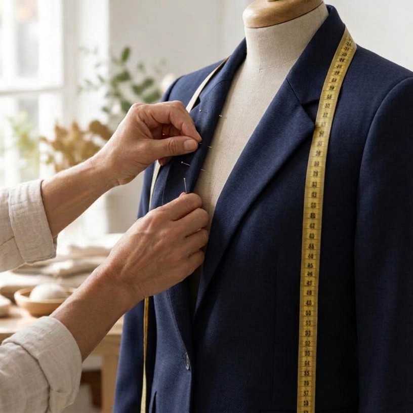 Tailor pinning a men's navy suit jacket during a suit alteration in Norwood
